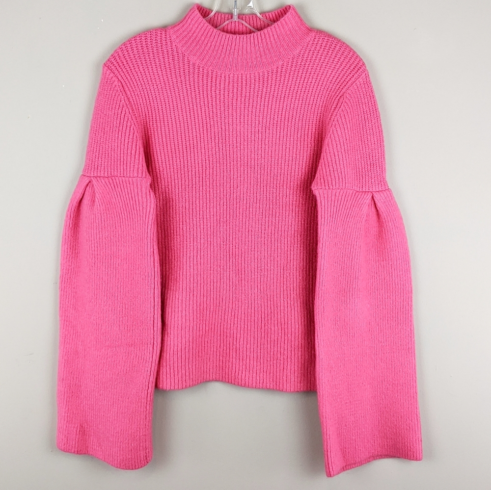 ASOS Bright Pink Ribbed Mock Neck Sweater with Balloon Sleeves